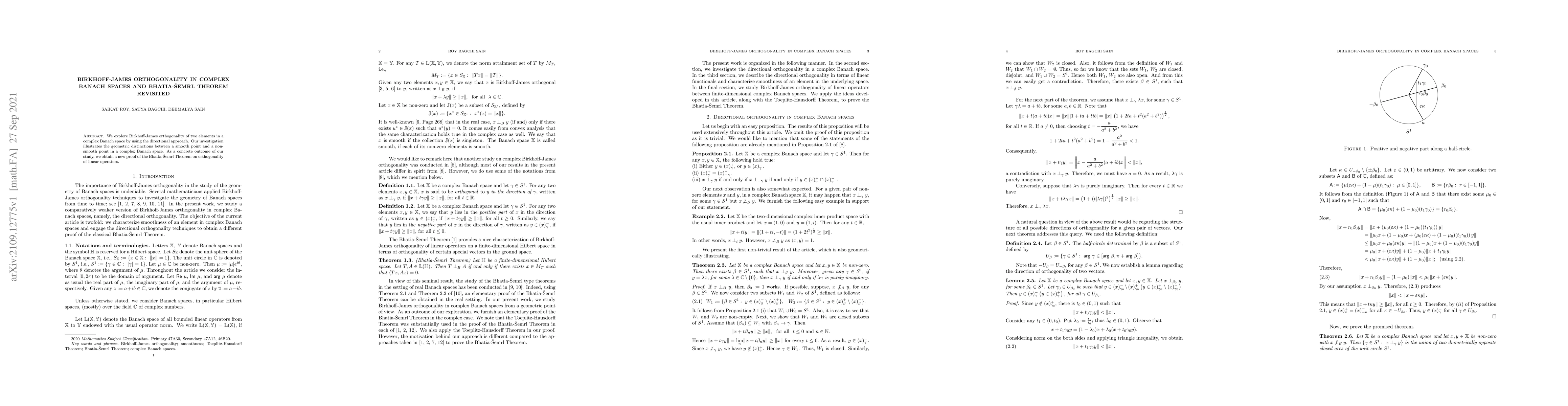 Thumbnail for Birkhoff-James orthogonality in complex Banach spaces and
  Bhatia-\v{S}emrl Theorem revisited