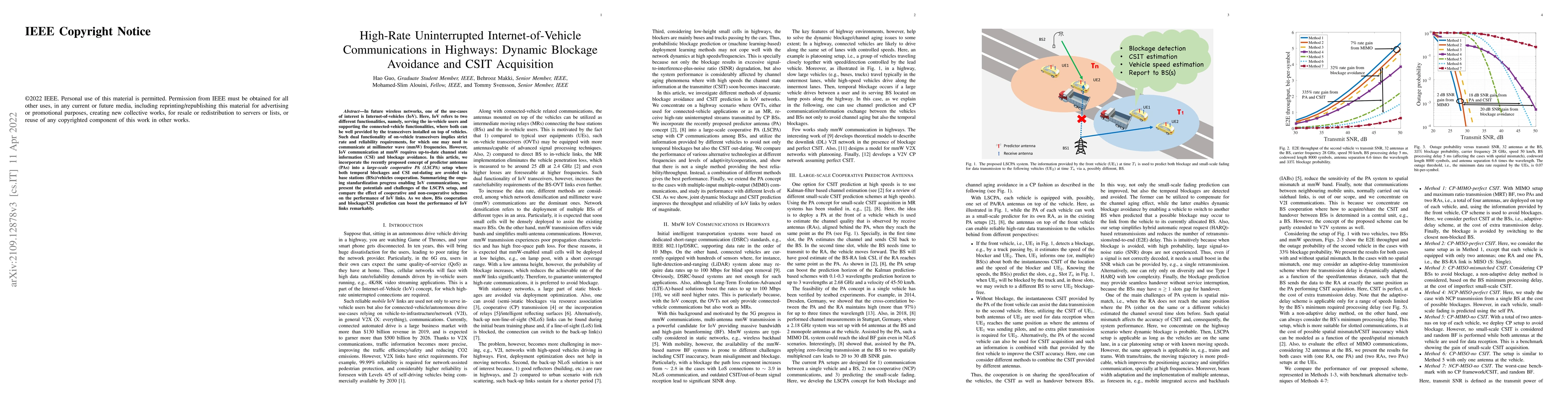Thumbnail for High-Rate Uninterrupted Internet-of-Vehicle Communications in Highways:
  Dynamic Blockage Avoidance and CSIT Acquisition