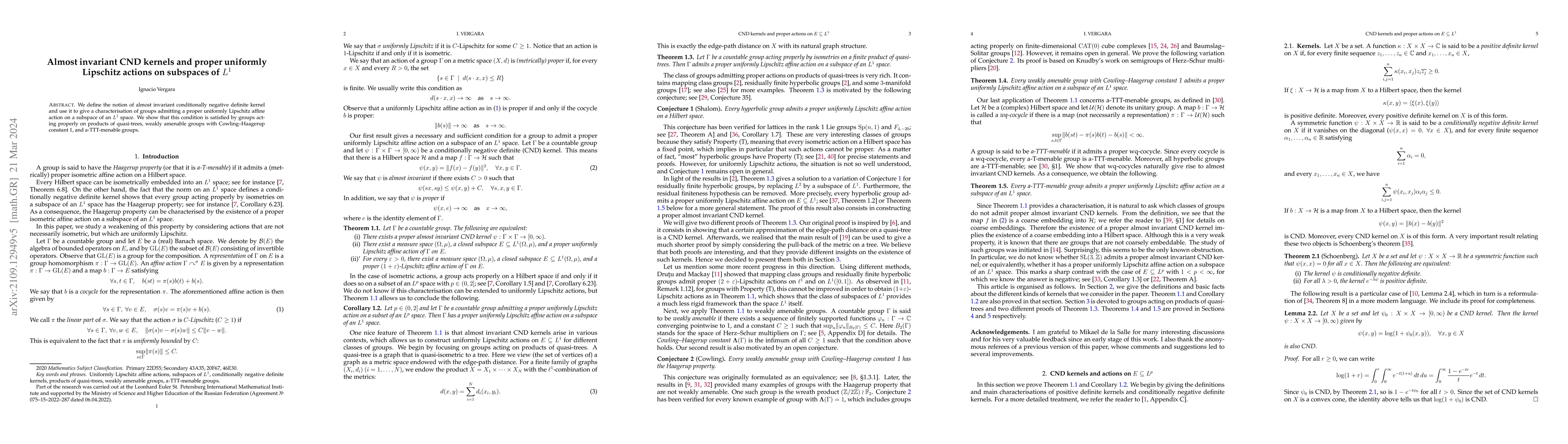 Thumbnail for Almost invariant CND kernels and proper uniformly Lipschitz actions on
  subspaces of $L^1$