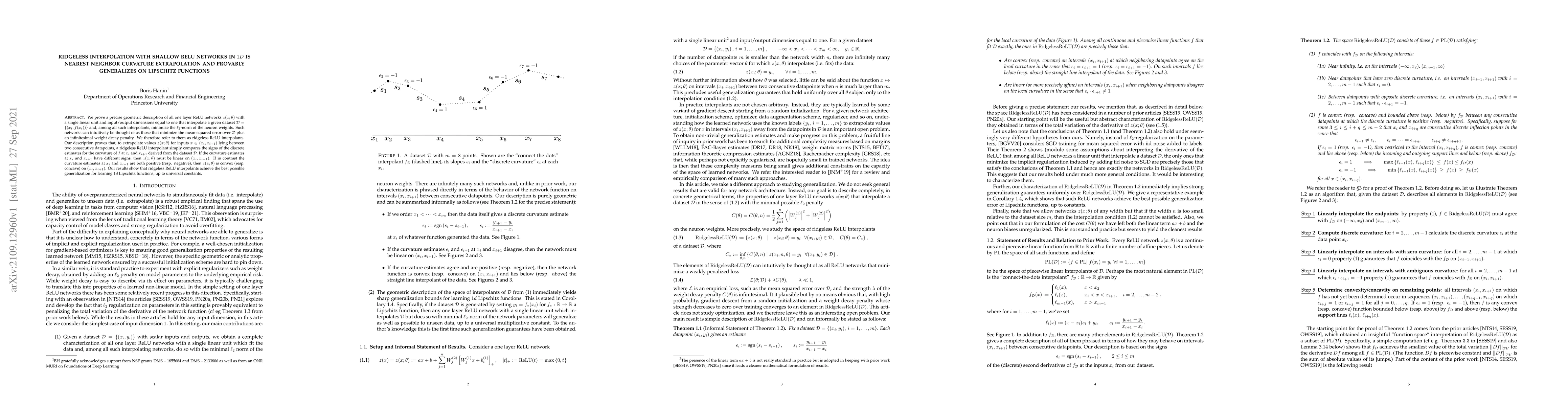 Thumbnail for Ridgeless Interpolation with Shallow ReLU Networks in $1D$ is Nearest
  Neighbor Curvature Extrapolation and Provably Generalizes on Lipschitz
  Functions