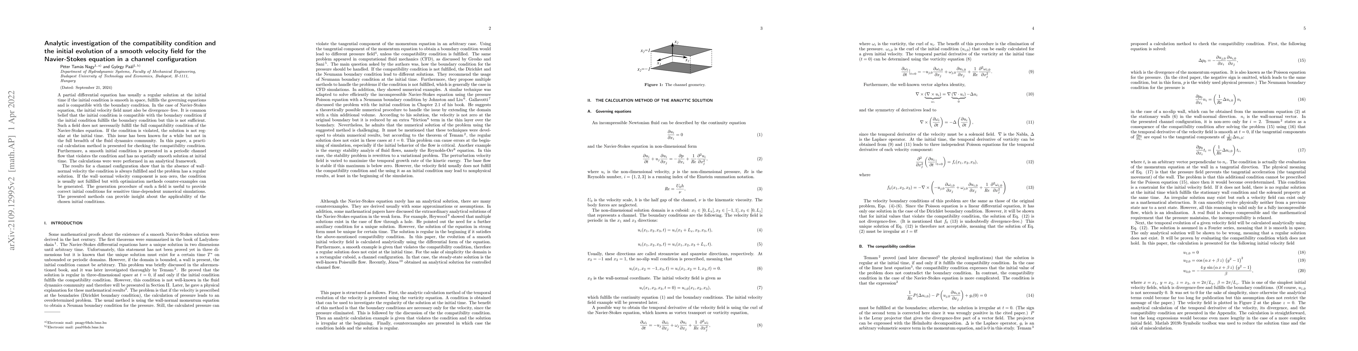 Thumbnail for Analytic investigation of the compatibility condition and the initial
  evolution of a smooth velocity field for the Navier-Stokes equation in a
  channel configuration