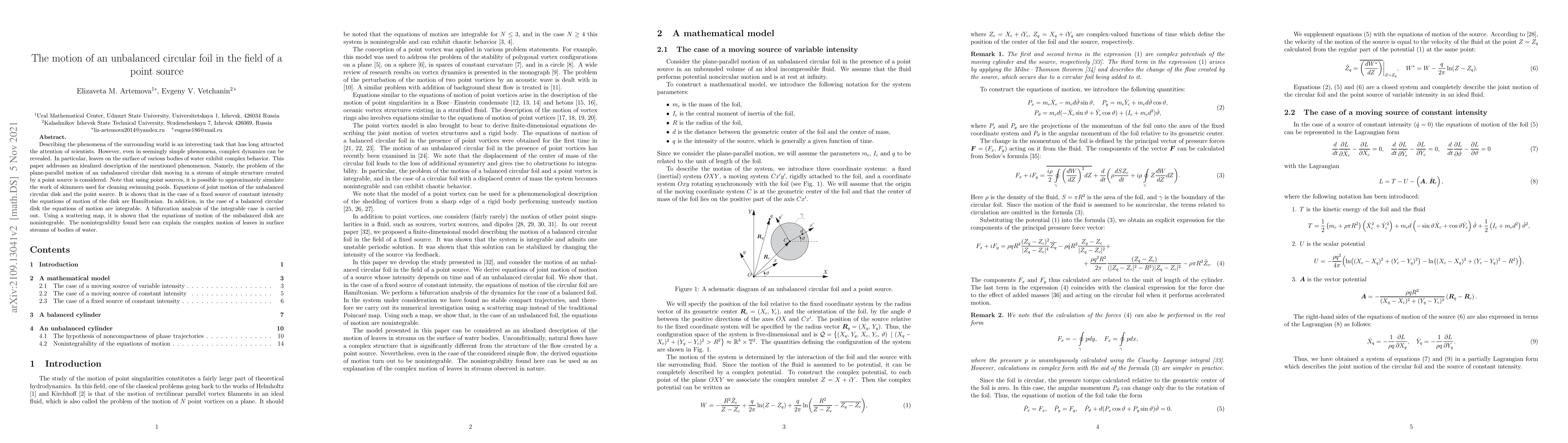 Thumbnail for The motion of an unbalanced circular foil in the field of a point source