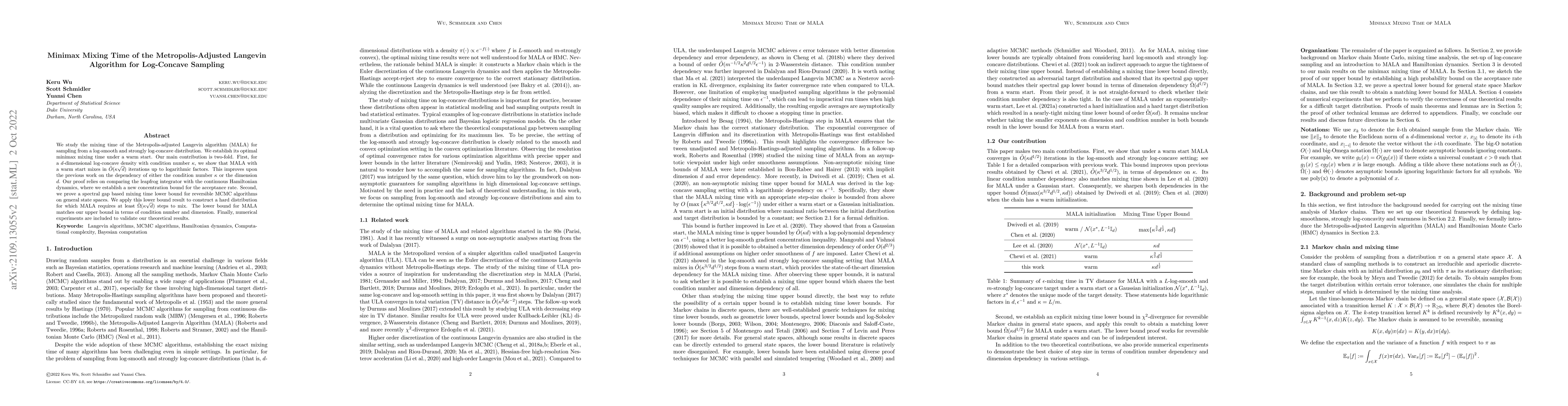 Thumbnail for Minimax Mixing Time of the Metropolis-Adjusted Langevin Algorithm for
  Log-Concave Sampling