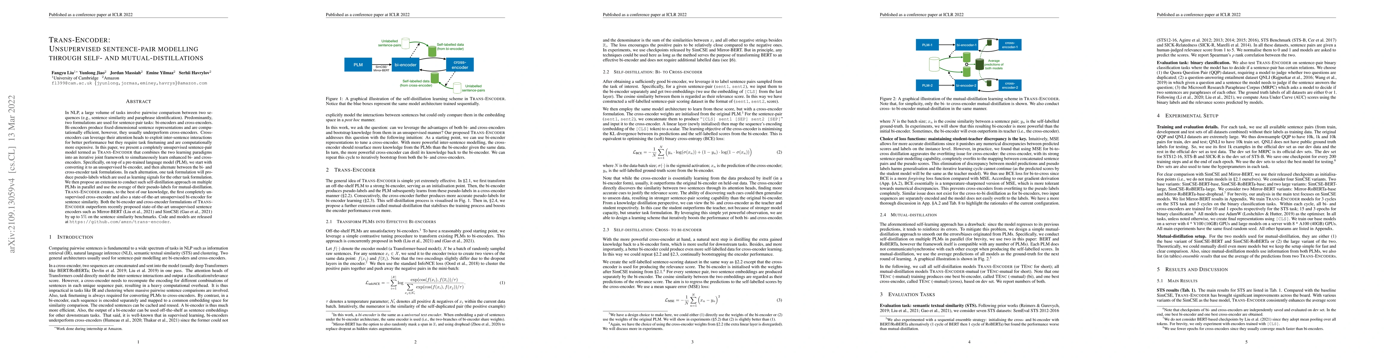 Thumbnail for Trans-Encoder: Unsupervised sentence-pair modelling through self- and
  mutual-distillations
