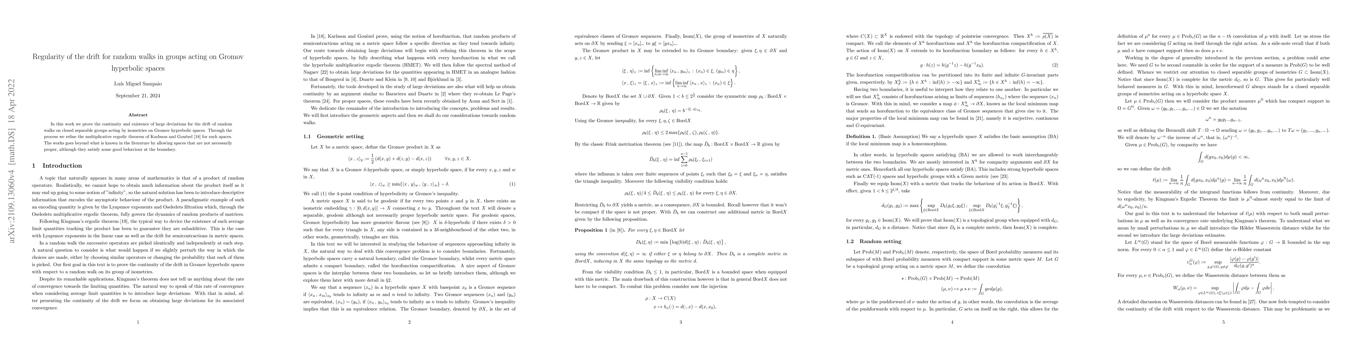 Thumbnail for Regularity of the drift for random walks in groups acting on Gromov
  hyperbolic spaces