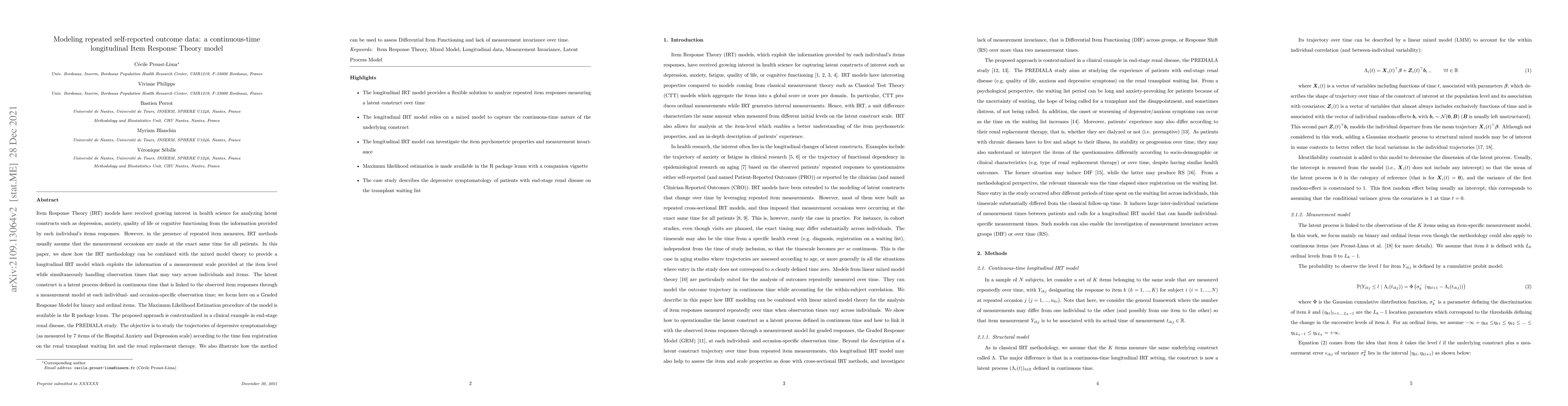 Thumbnail for Modeling repeated self-reported outcome data: a continuous-time
  longitudinal Item Response Theory model