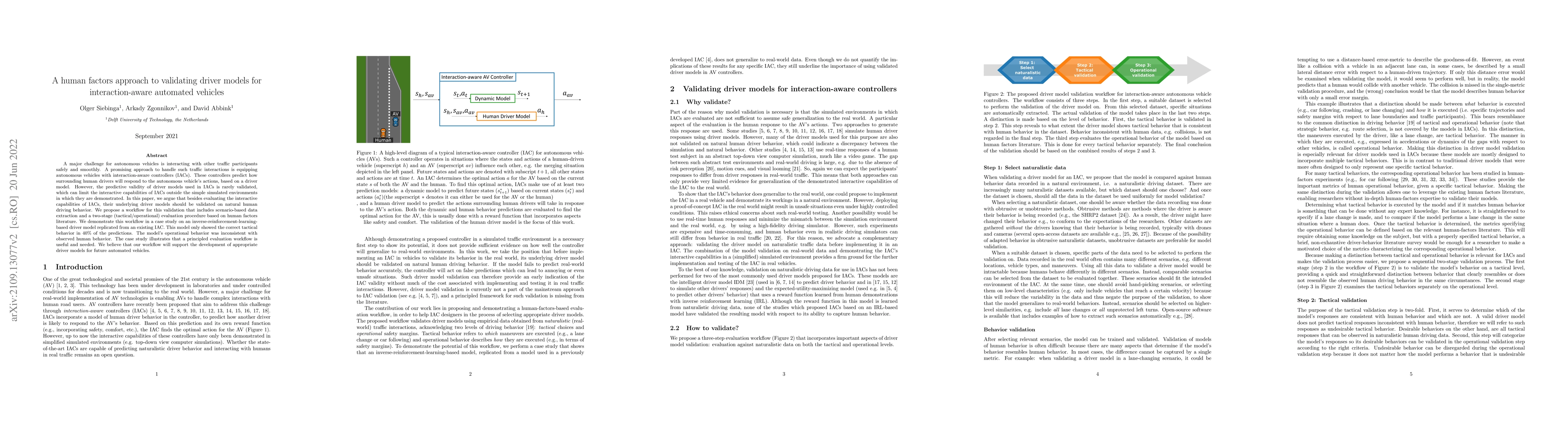 Thumbnail for A human factors approach to validating driver models for
  interaction-aware automated vehicles
