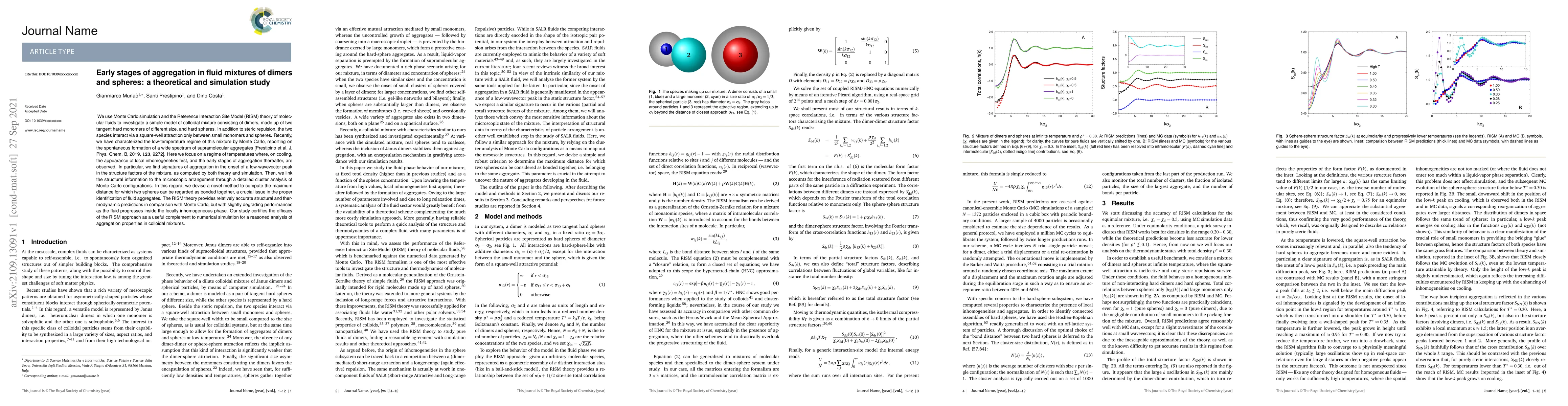 Thumbnail for Early stages of aggregation in fluid mixtures of dimers and spheres: a
  theoretical and simulation study