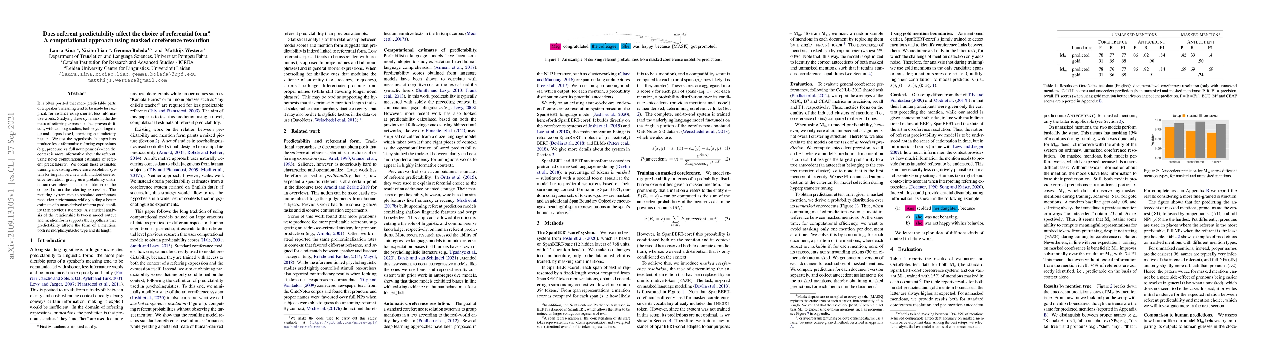 Thumbnail for Does referent predictability affect the choice of referential form? A
  computational approach using masked coreference resolution