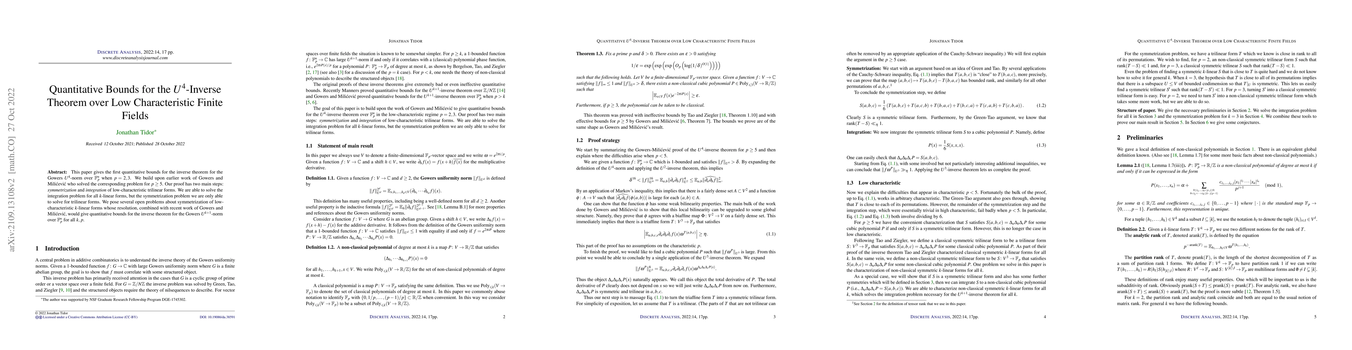Thumbnail for Quantitative bounds for the $U^4$-inverse theorem over low
  characteristic finite fields