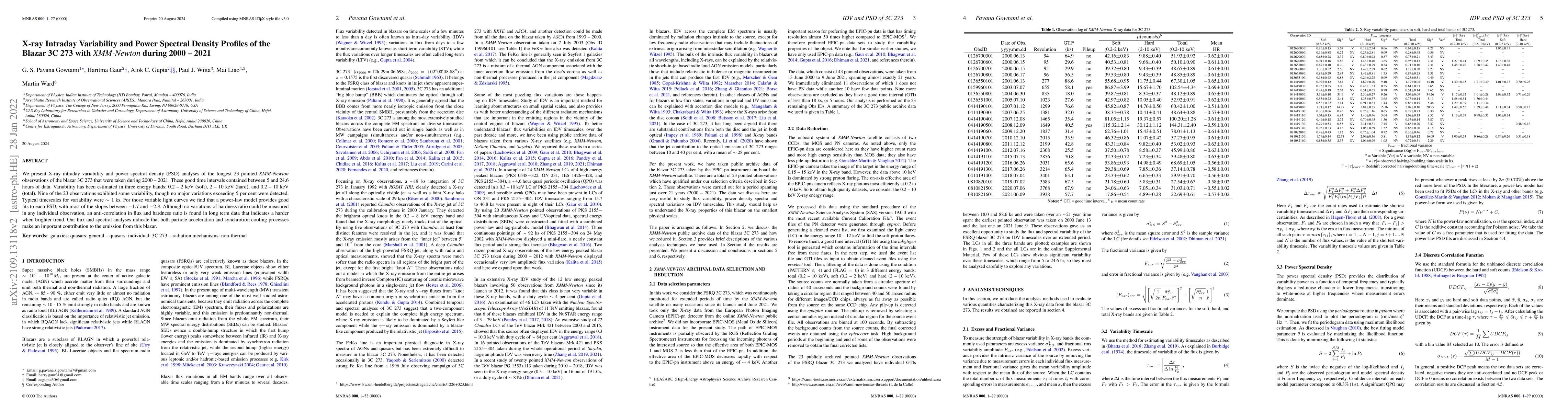 Thumbnail for X-ray Intraday Variability and Power Spectral Density Profiles of the
  Blazar 3C 273 with XMM-Newton during 2000-2021