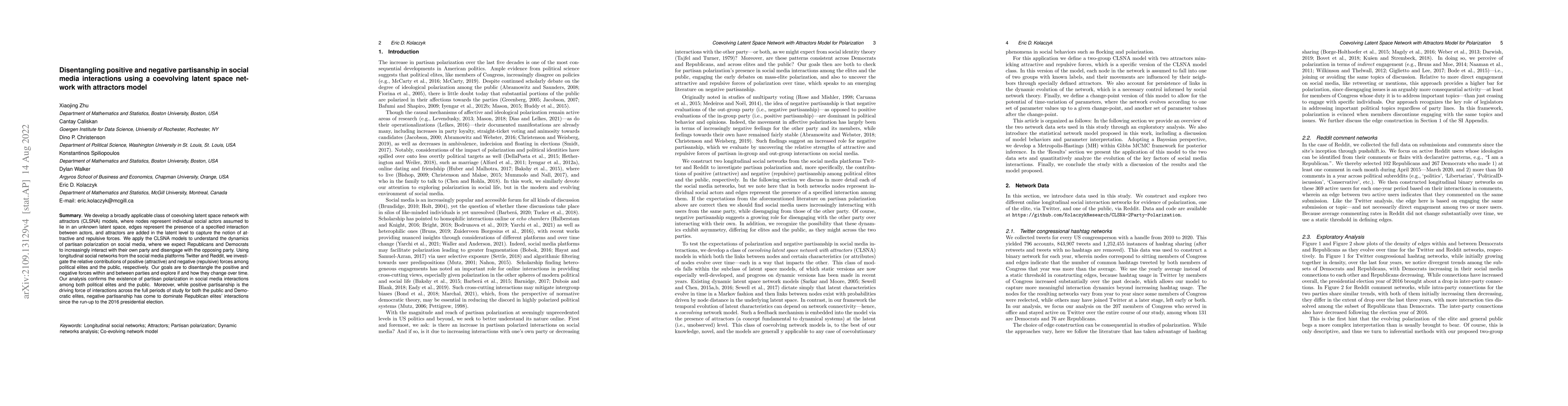 Thumbnail for Disentangling positive and negative partisanship in social media
  interactions using a coevolving latent space network with attractors model