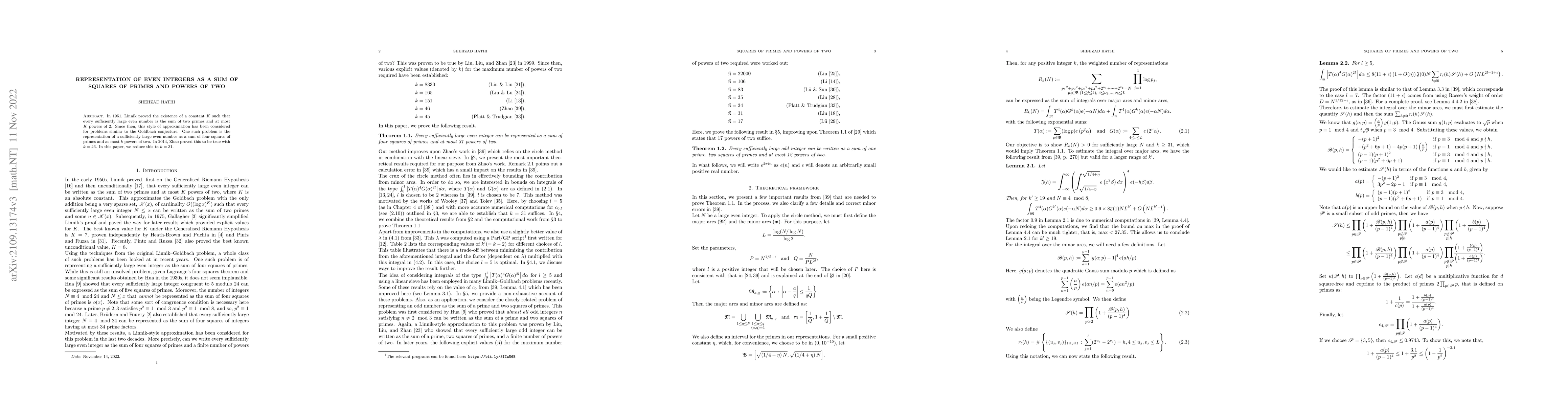 Thumbnail for Representation of even integers as a sum of squares of primes and powers
  of two