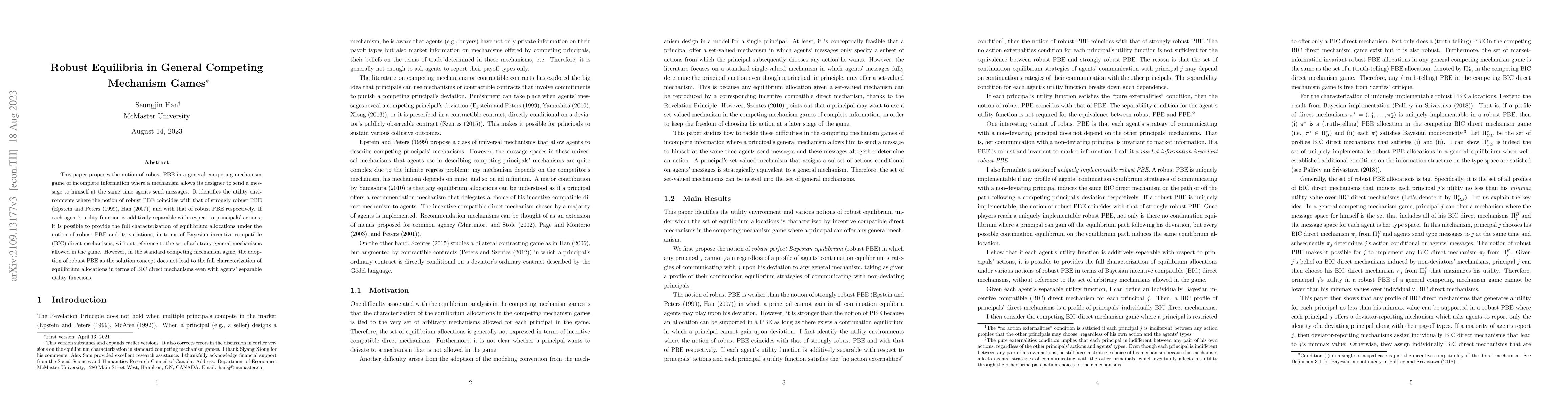 Thumbnail for Robust Equilibria in General Competing Mechanism Games
