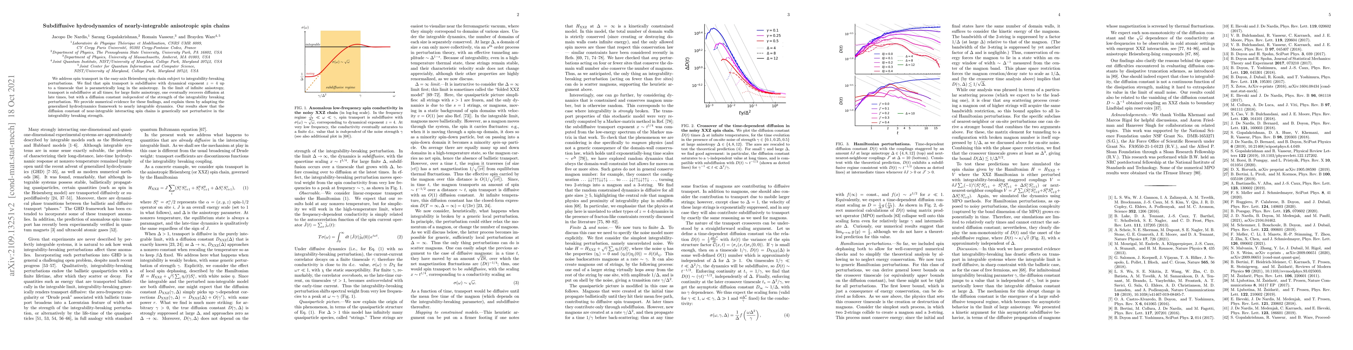 Thumbnail for Subdiffusive hydrodynamics of nearly-integrable anisotropic spin chains