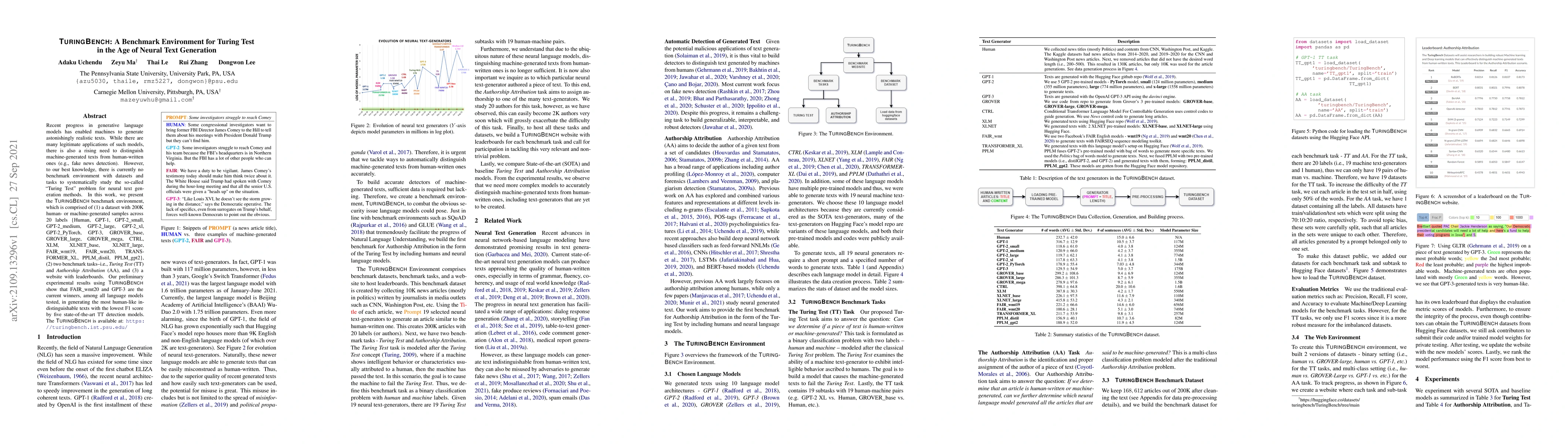 Thumbnail for TURINGBENCH: A Benchmark Environment for Turing Test in the Age of
  Neural Text Generation