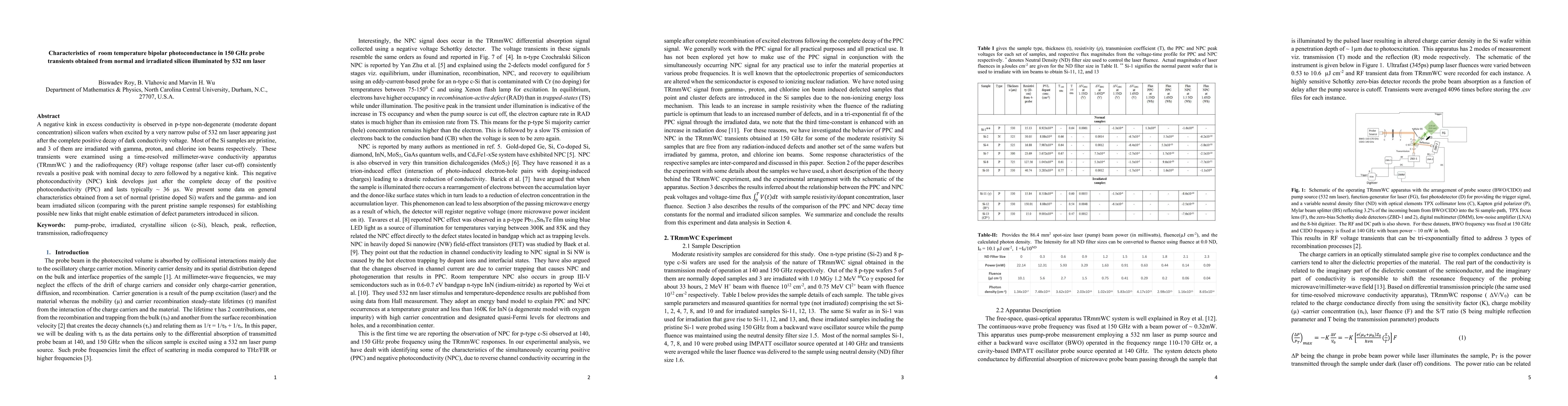 Thumbnail for Characteristics of room temperature bipolar photoconductance in 150 GHz
  probe transients obtained from normal and irradiated silicon illuminated by
  532 nm laser