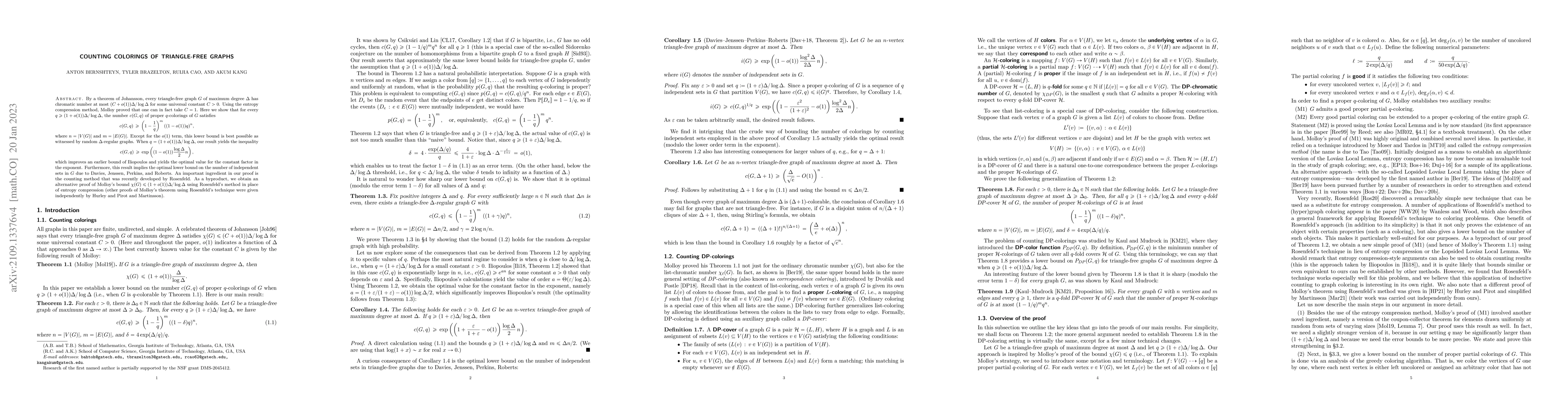 Thumbnail for Counting colorings of triangle-free graphs