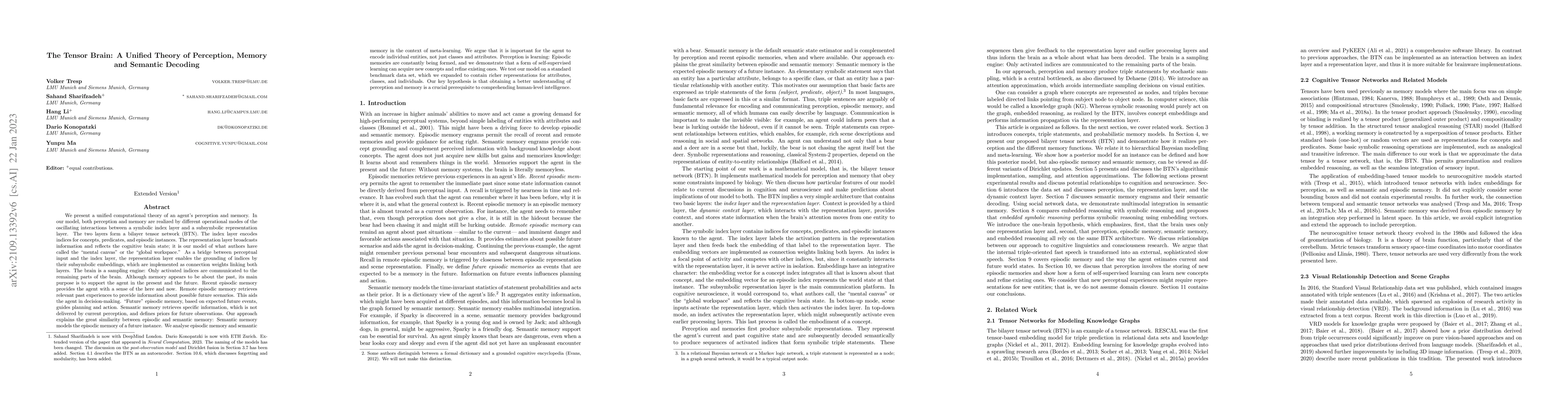 Thumbnail for The Tensor Brain: A Unified Theory of Perception, Memory and Semantic
  Decoding