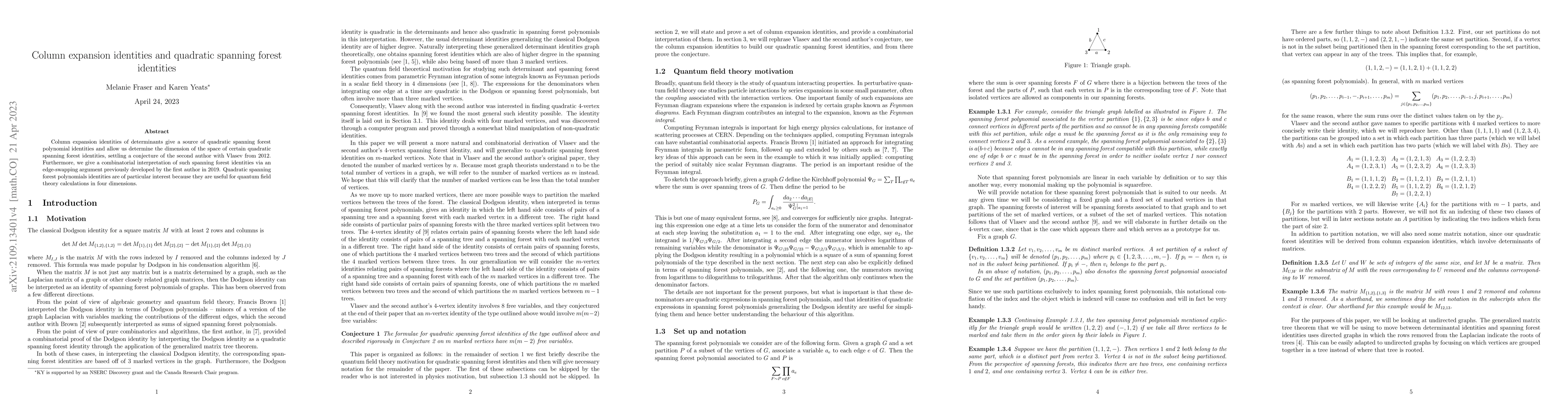 Thumbnail for Column expansion identities and quadratic spanning forest identities