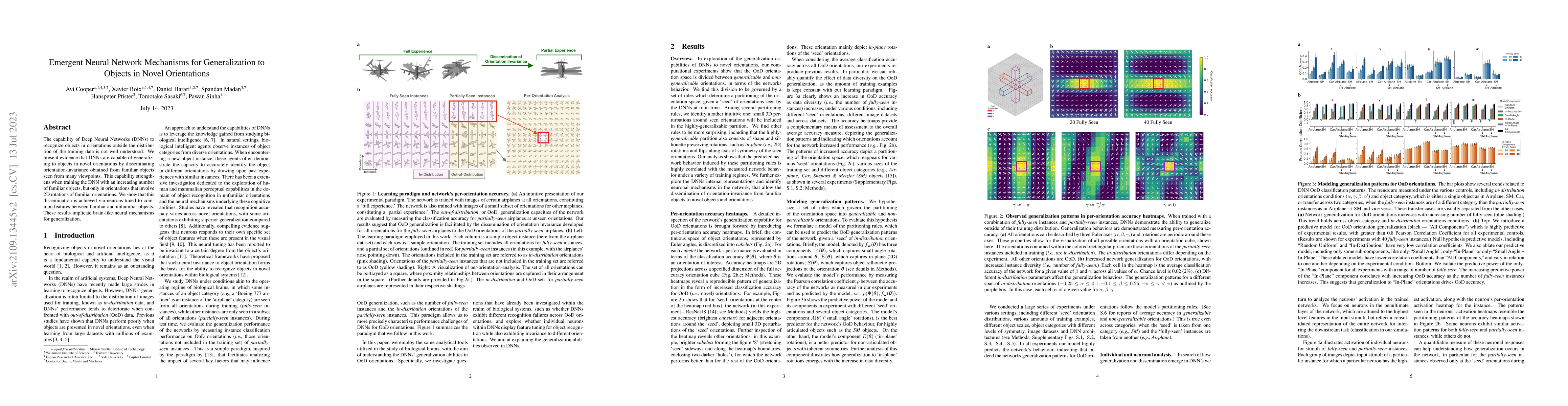 Thumbnail for Emergent Neural Network Mechanisms for Generalization to Objects in
  Novel Orientations