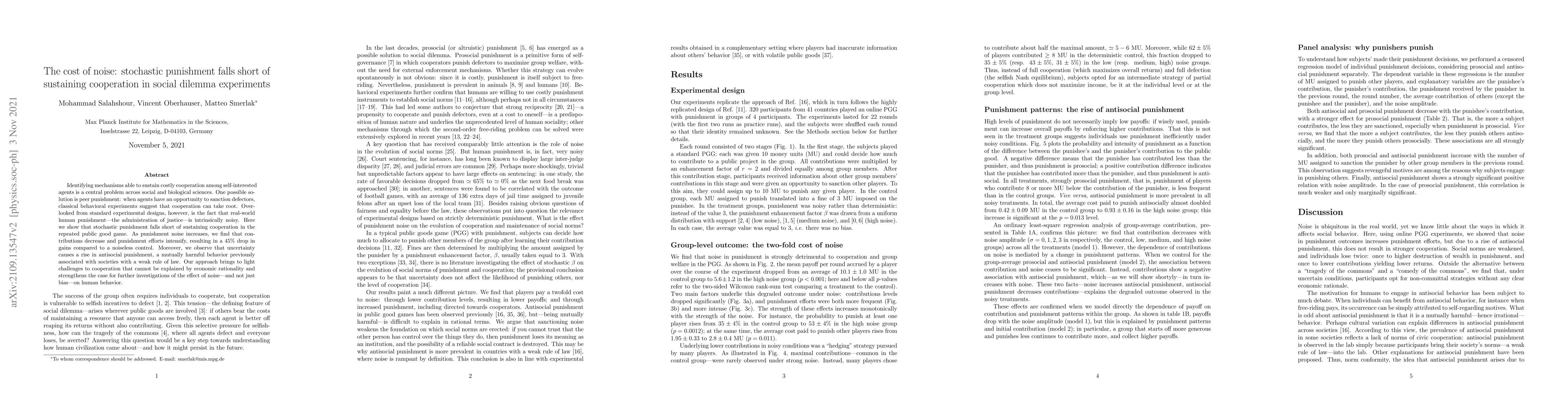 Thumbnail for The cost of noise: stochastic punishment falls short of sustaining
  cooperation in social dilemma experiments