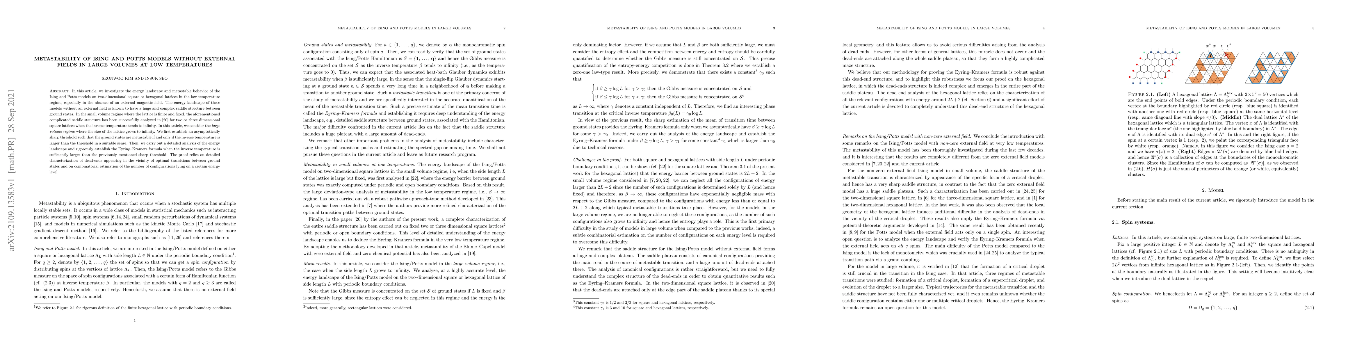 Thumbnail for Metastability of Ising and Potts models without external fields in large
  volumes at low temperatures