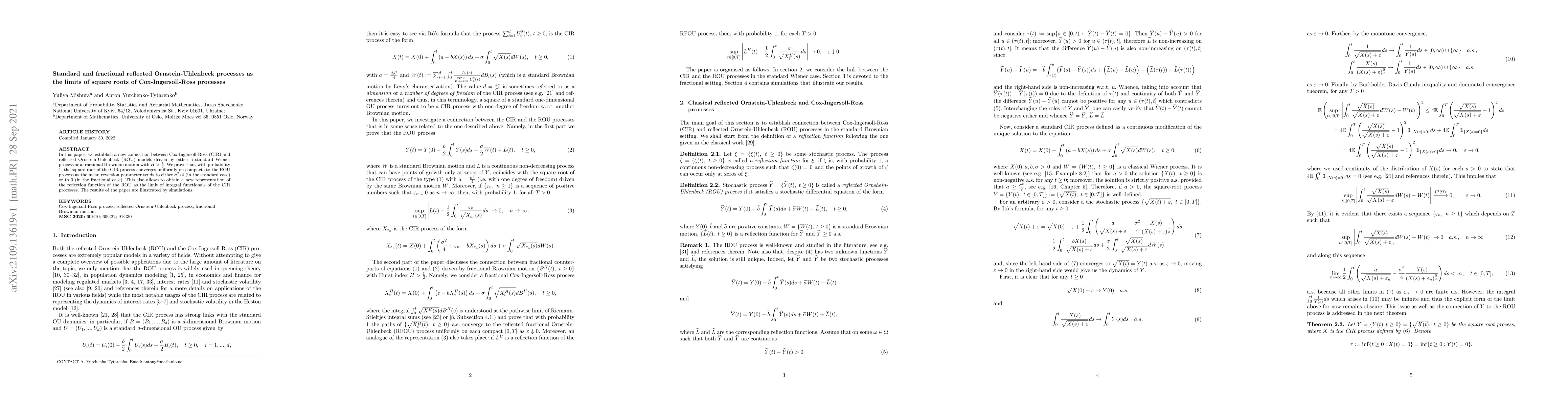 Thumbnail for Standard and fractional reflected Ornstein-Uhlenbeck processes as the
  limits of square roots of Cox-Ingersoll-Ross processes