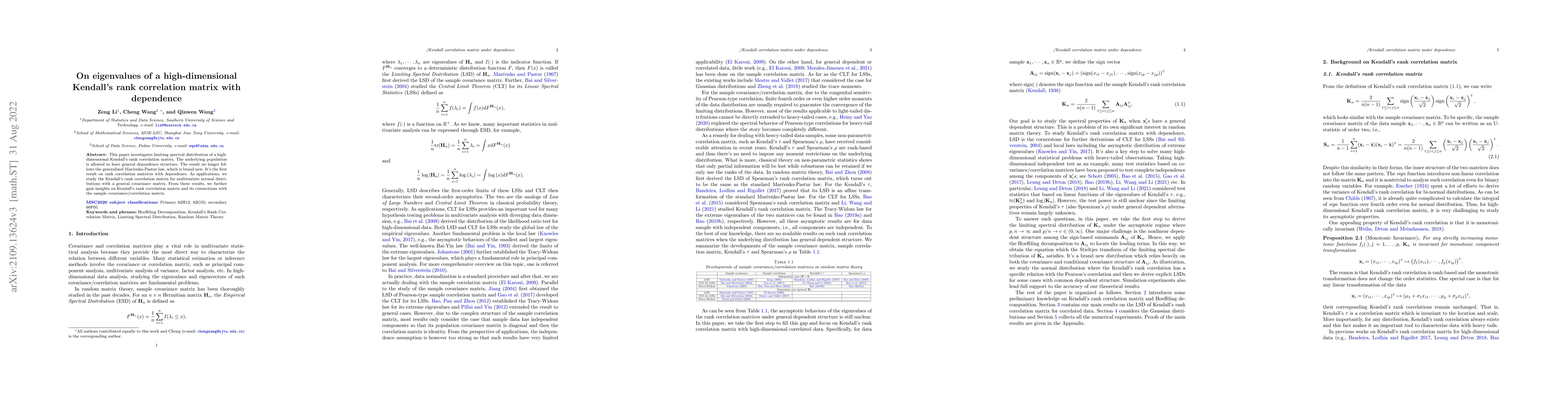 Thumbnail for On eigenvalues of a high-dimensional Kendall's rank correlation matrix
  with dependence