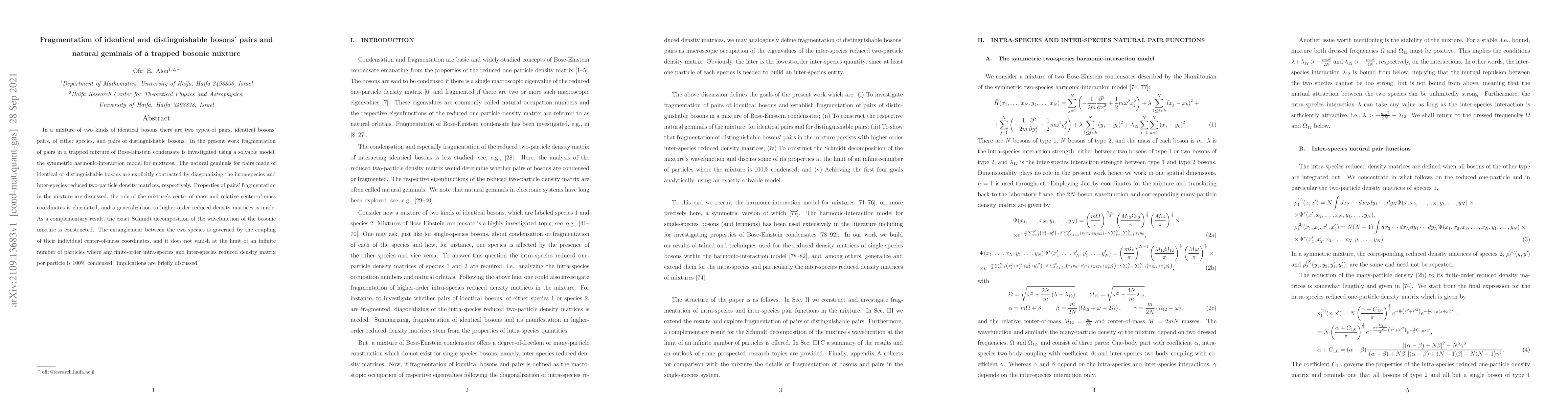 Thumbnail for Fragmentation of identical and distinguishable bosons' pairs and natural
  geminals of a trapped bosonic mixture