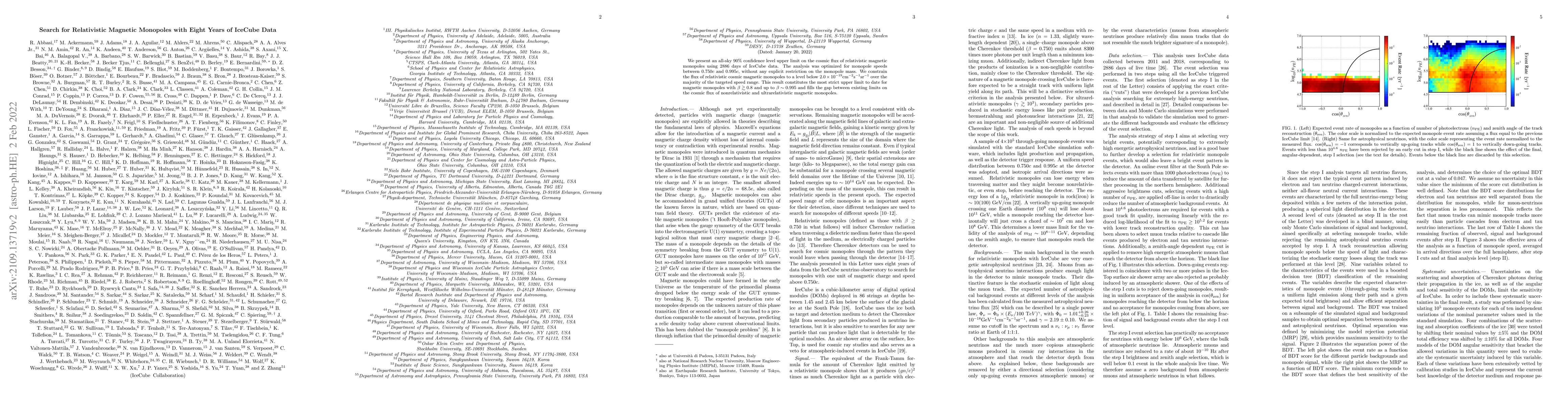 Thumbnail for Search for Relativistic Magnetic Monopoles with Eight Years of IceCube
  Data