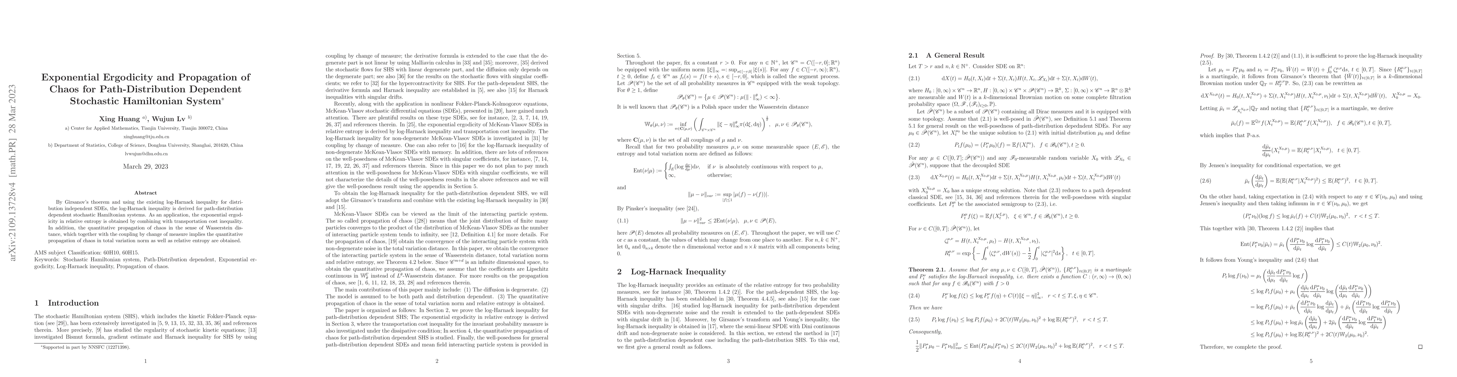 Thumbnail for Exponential Ergodicity and Propagation of Chaos for Path-Distribution
  Dependent Stochastic Hamiltonian System