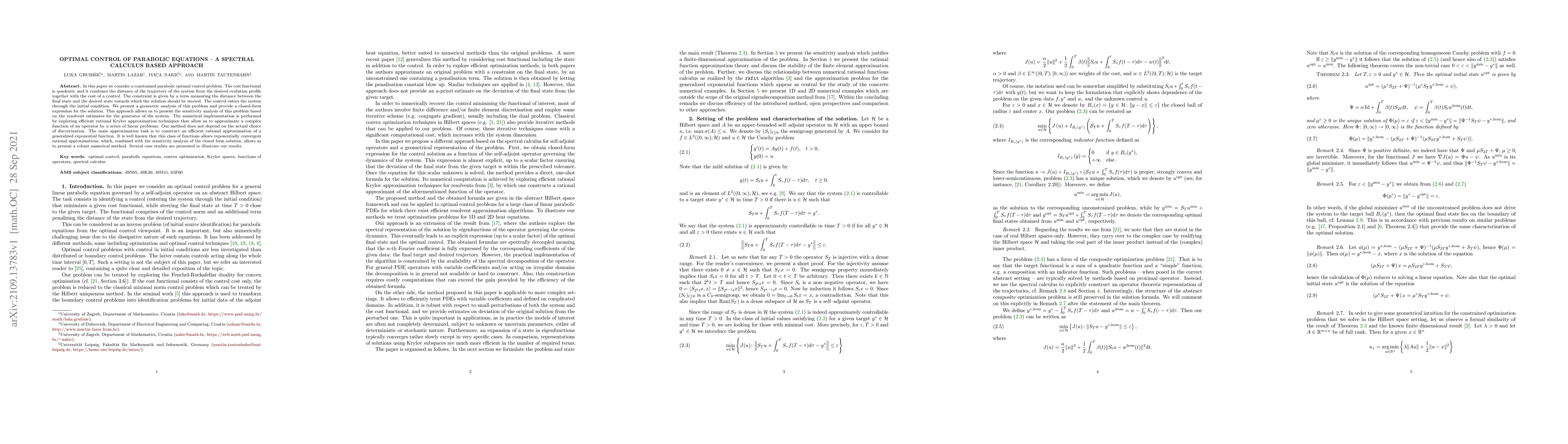 Thumbnail for Optimal control of parabolic equations -- a spectral calculus based
  approach