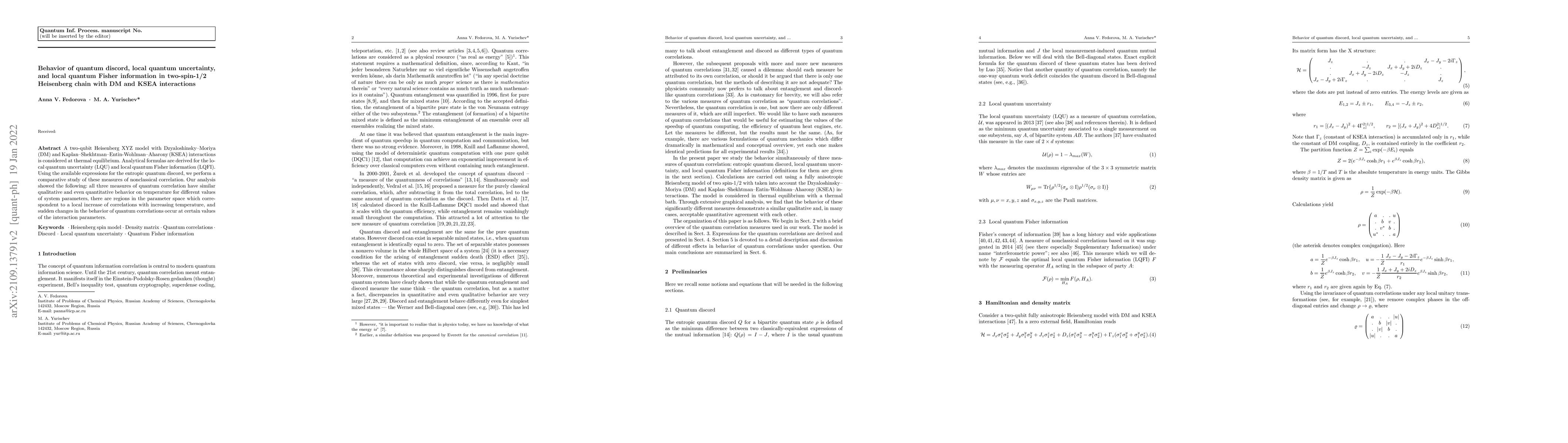 Thumbnail for Behavior of quantum discord, local quantum uncertainty, and local
  quantum Fisher information in two-spin-1/2 Heisenberg chain with DM and KSEA
  interactions