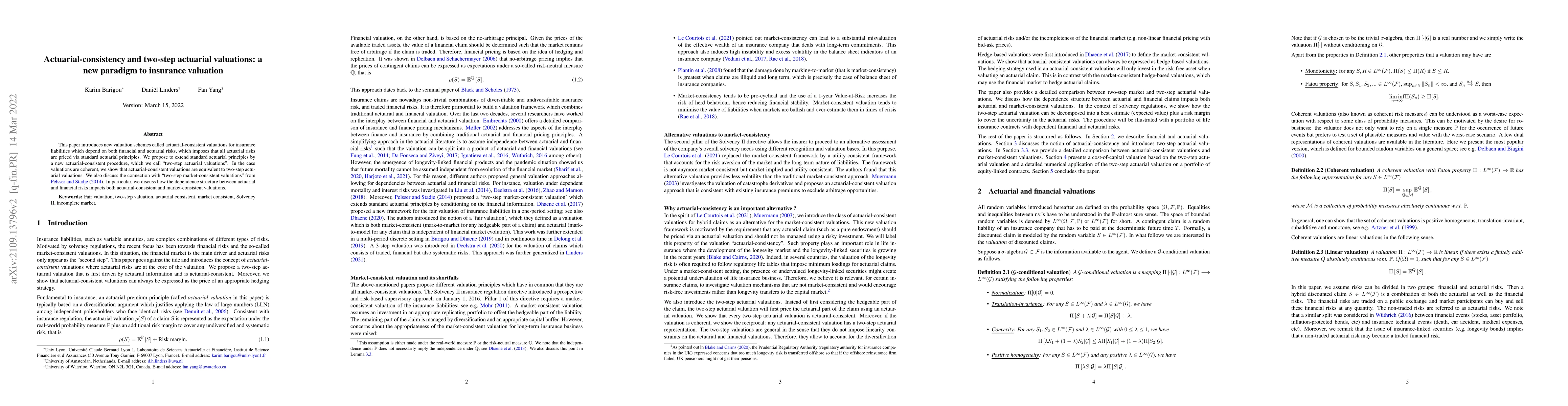 Thumbnail for Actuarial-consistency and two-step actuarial valuations: a new paradigm
  to insurance valuation