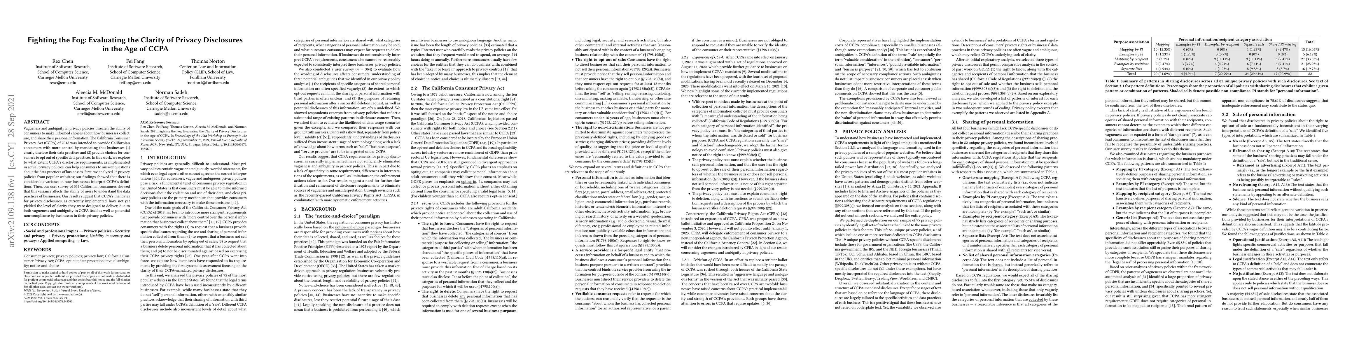Thumbnail for Fighting the Fog: Evaluating the Clarity of Privacy Disclosures in the
  Age of CCPA