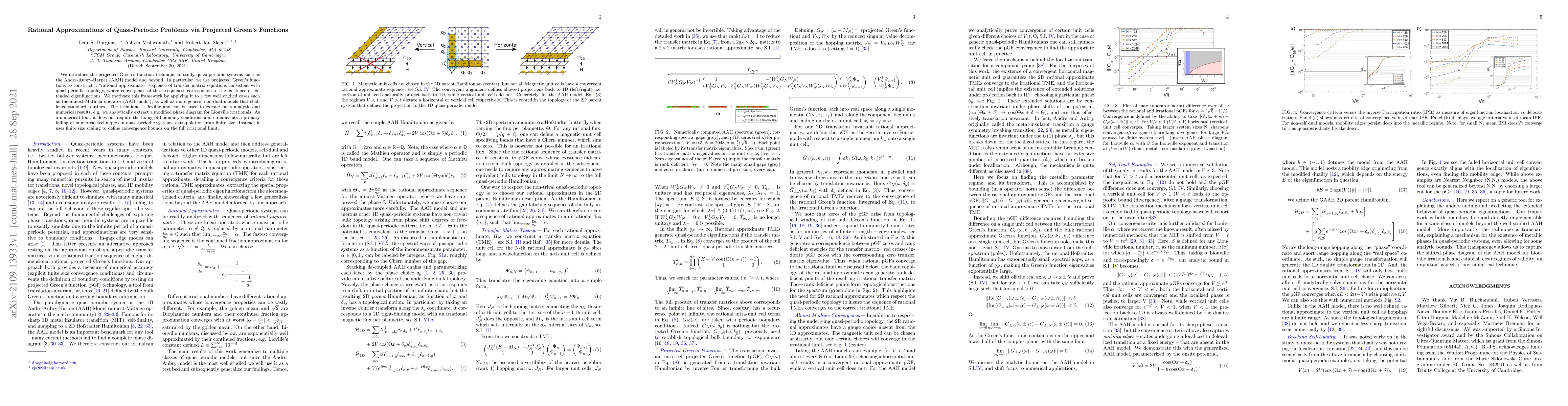 Thumbnail for Rational Approximations of Quasi-Periodic Problems via Projected Green's
  Functions