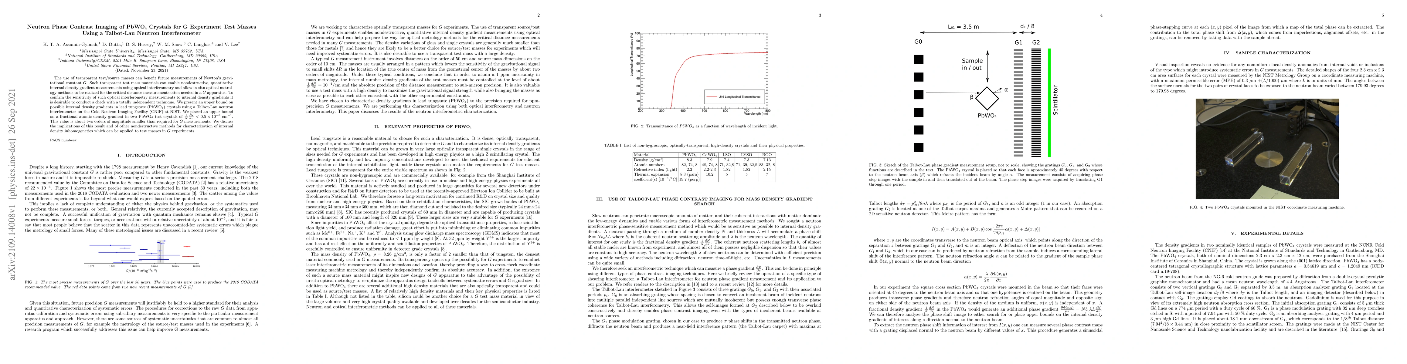 Thumbnail for Neutron Phase Contrast Imaging of PbWO$_{4}$ Crystals for G Experiment
  Test Masses Using a Talbot-Lau Neutron Interferometer