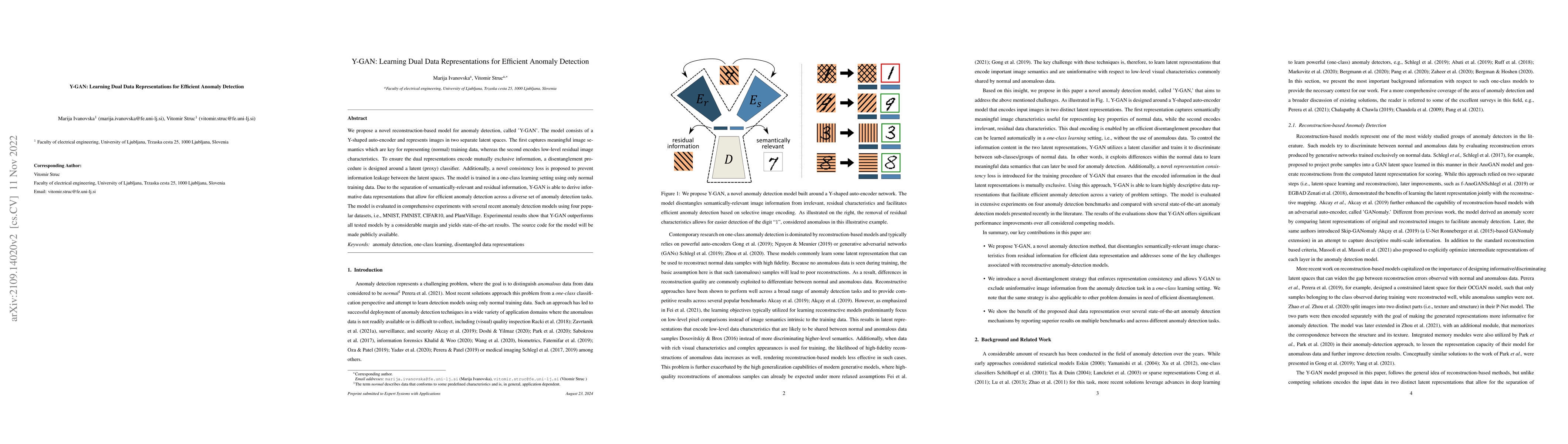 Thumbnail for Y-GAN: Learning Dual Data Representations for Efficient Anomaly
  Detection
