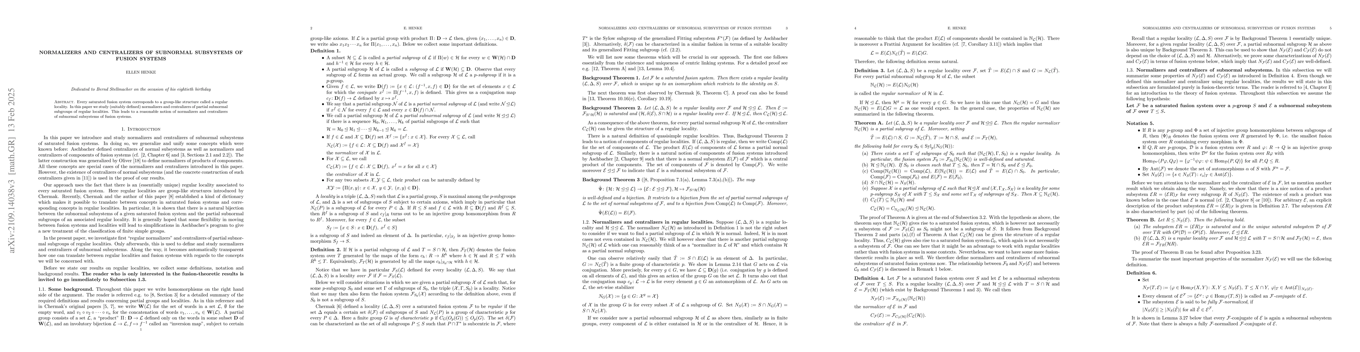 Thumbnail for Normalizers and centralizers of subnormal subsystems of fusion systems