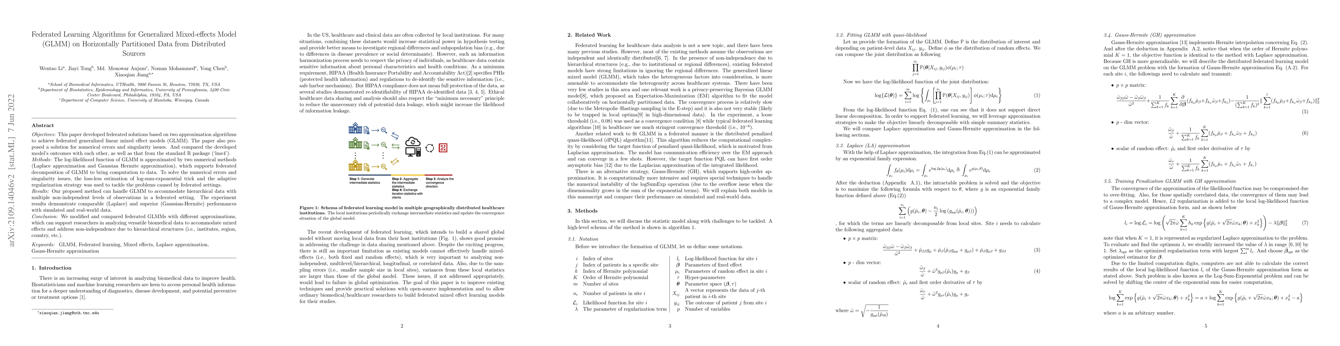 Thumbnail for Federated Learning Algorithms for Generalized Mixed-effects Model (GLMM)
  on Horizontally Partitioned Data from Distributed Sources