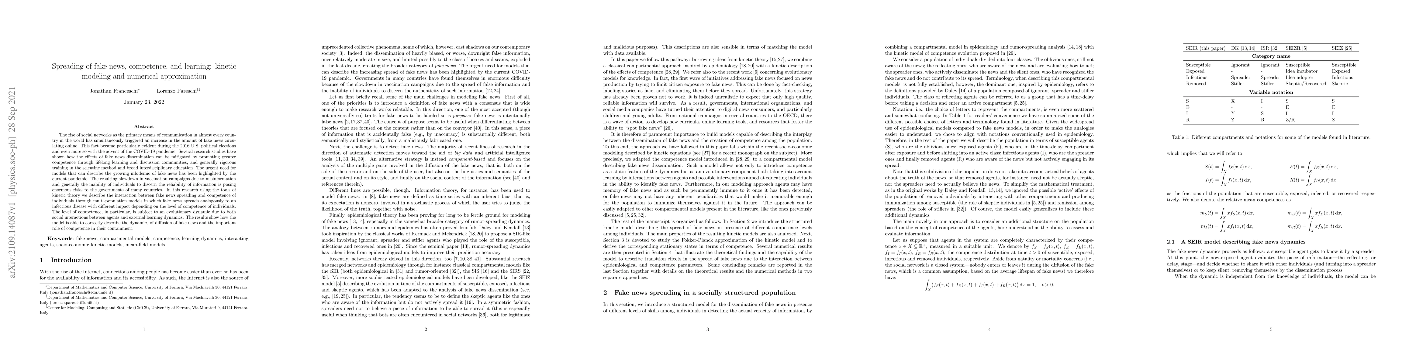 Thumbnail for Spreading of fake news, competence, and learning: kinetic modeling and
  numerical approximation