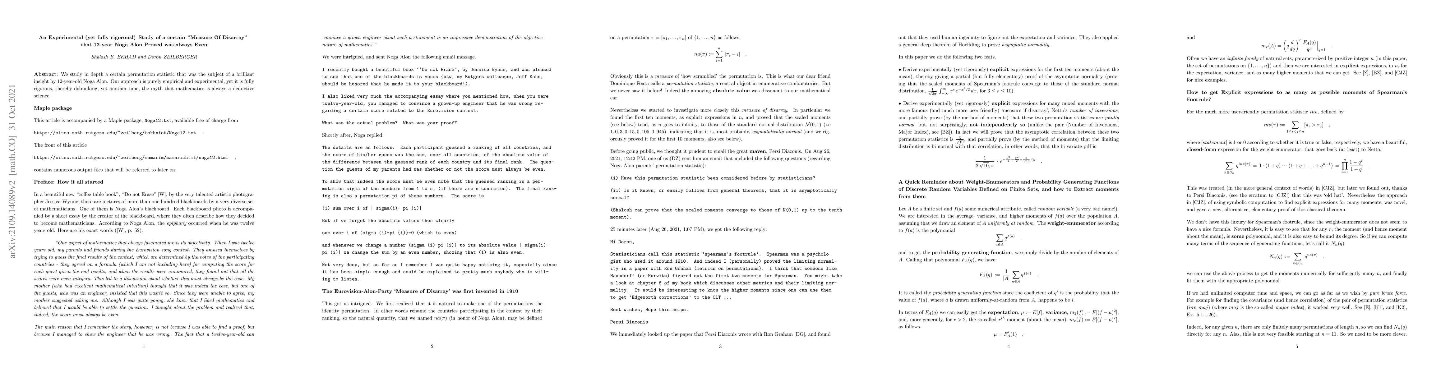 Thumbnail for An Experimental (yet fully rigorous!) Study of a certain "Measure Of
  Disarray" that 12-year Noga Alon Proved was always Even