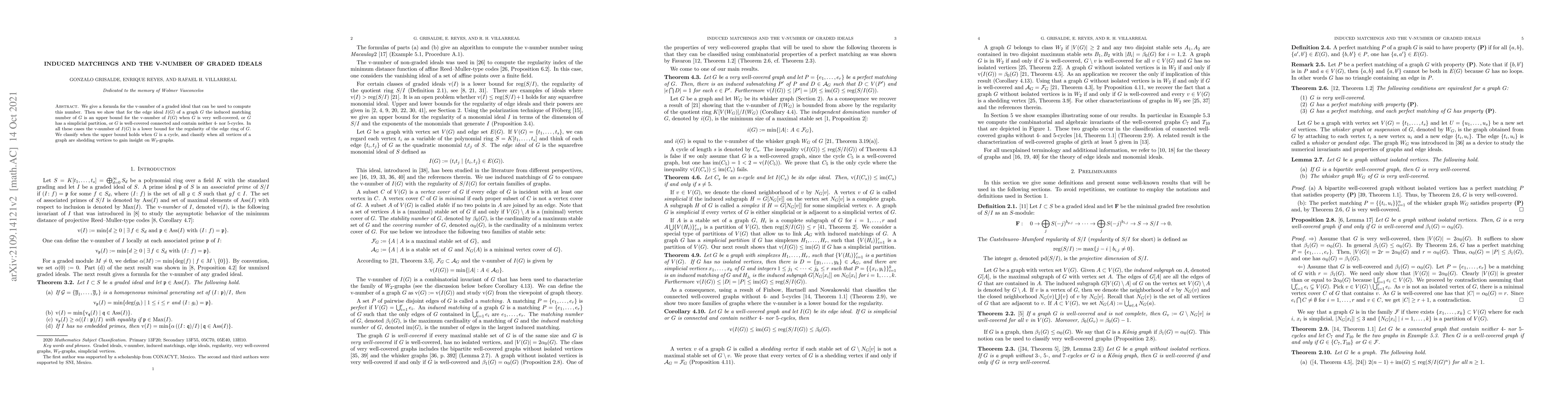 Thumbnail for Induced matchings and the v-number of graded ideals