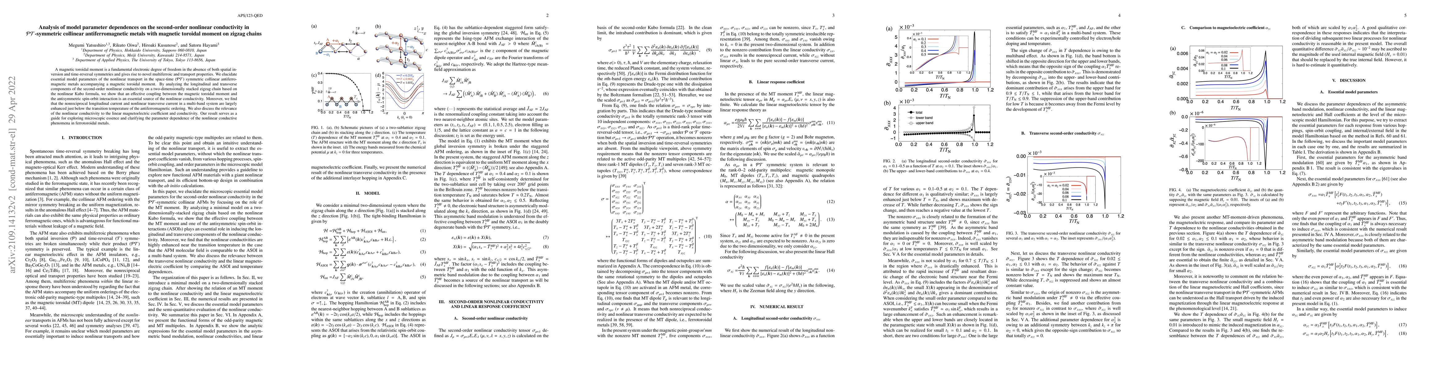 Thumbnail for Analysis of model parameter dependences on the second-order nonlinear
  conductivity in $\mathcal{PT}$-symmetric collinear antiferromagnetic metals
  with magnetic toroidal moment on zigzag chains