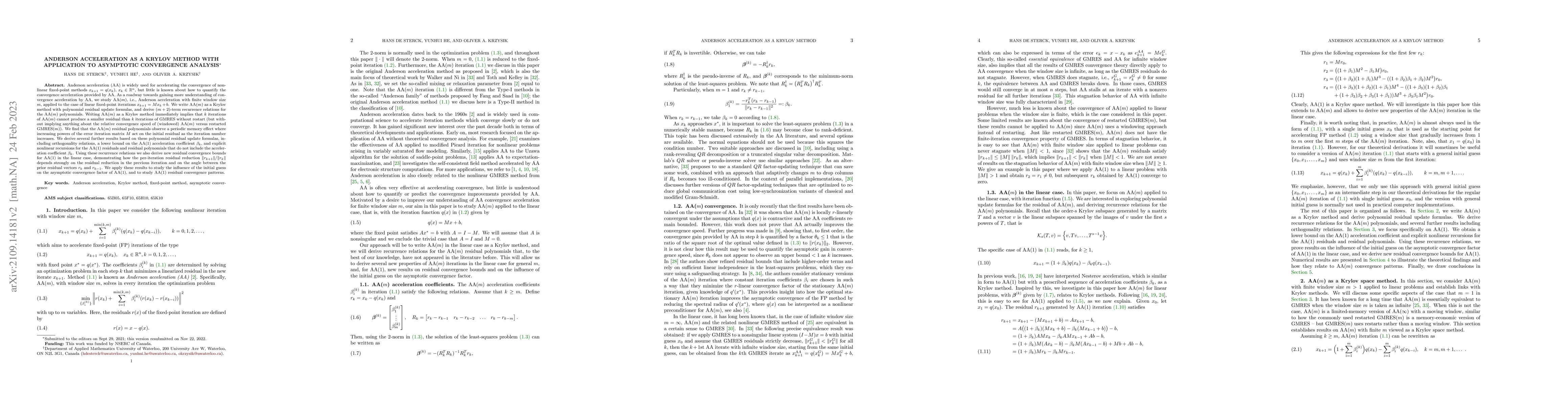 Thumbnail for Anderson Acceleration as a Krylov Method with Application to Asymptotic
  Convergence Analysis