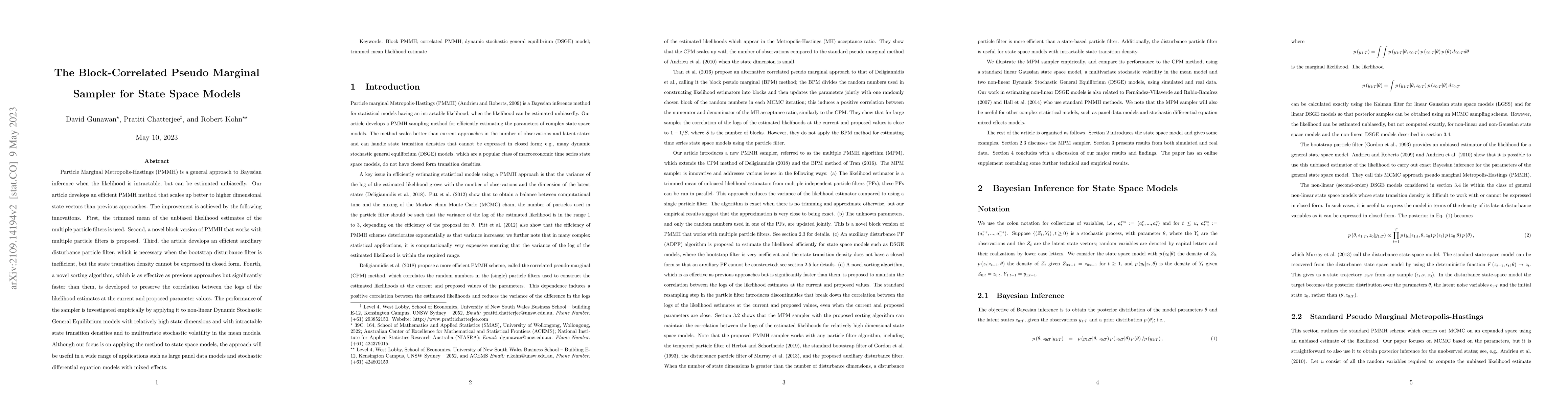 Thumbnail for The Block-Correlated Pseudo Marginal Sampler for State Space Models