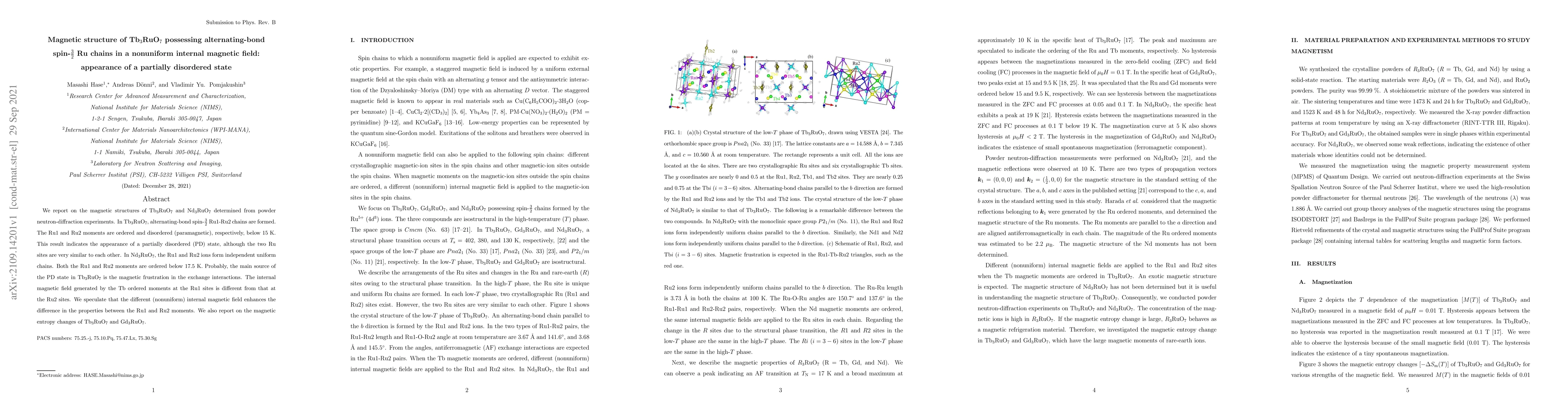 Thumbnail for Magnetic structure of Tb3RuO7 possessing alternating-bond spin-3/2 Ru
  chains in a nonuniform internal magnetic field: appearance of a partially
  disordered state