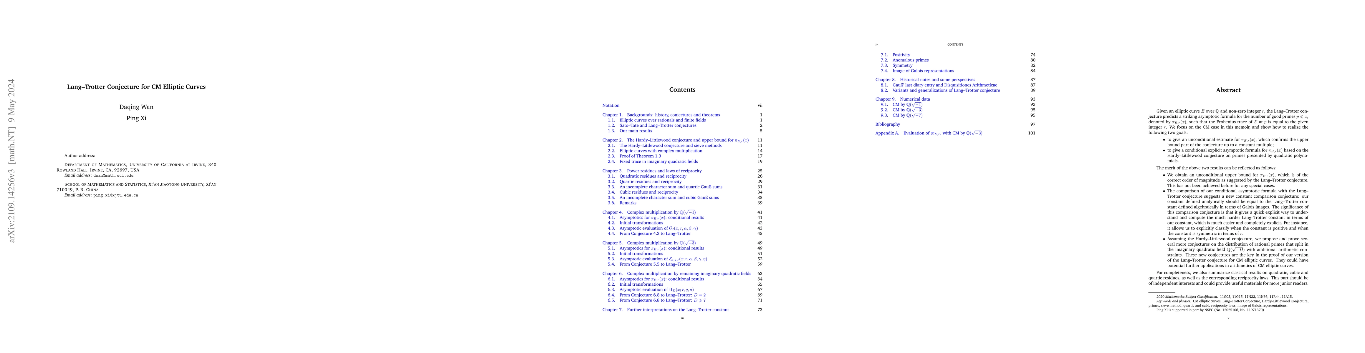 Thumbnail for Lang--Trotter Conjecture for CM Elliptic Curves
