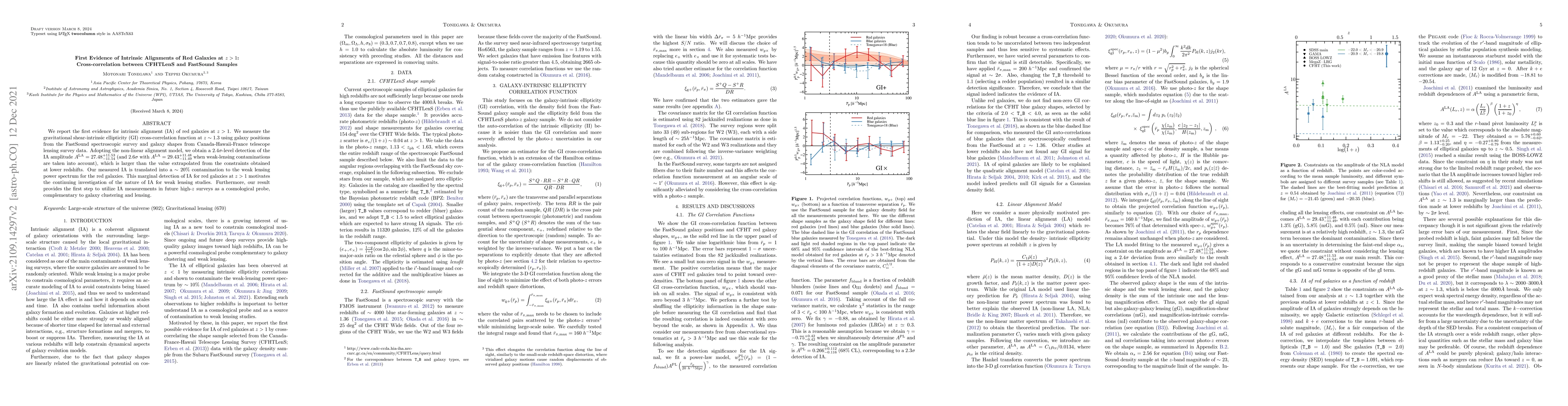 Thumbnail for First Evidence of Intrinsic Alignments of Red Galaxies at $z > 1$:
  Cross-correlation between CFHTLenS and FastSound Samples